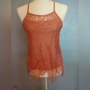 Coral Orange Lace Overlay Boho Camisole Tank Top
